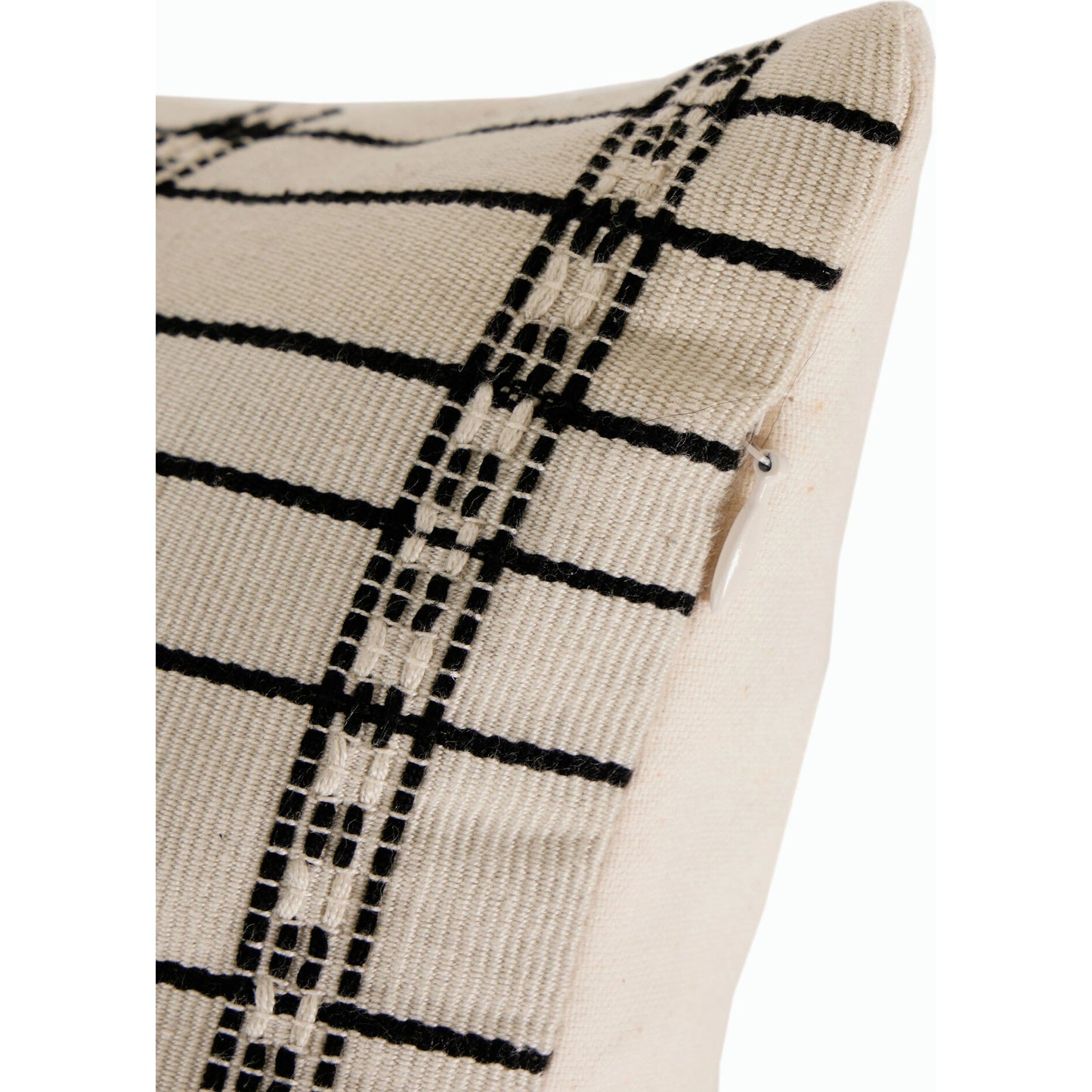 019 SI-2137342 | Closeup | Handwoven Chiapas Pillow by Four Hands in ivory cotton, off white canvas, black cotton and ivory cotton. Made from 100% cotton in a transitional style.