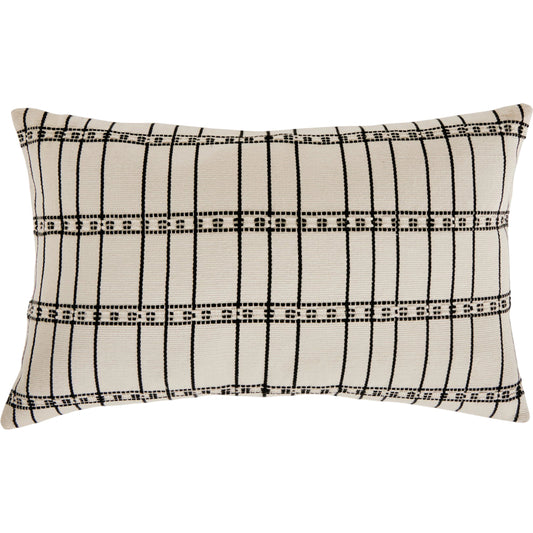 Handwoven Chiapas Pillow by Four Hands in ivory cotton, off white canvas, black cotton and ivory cotton. Made from 100% cotton in a transitional style.