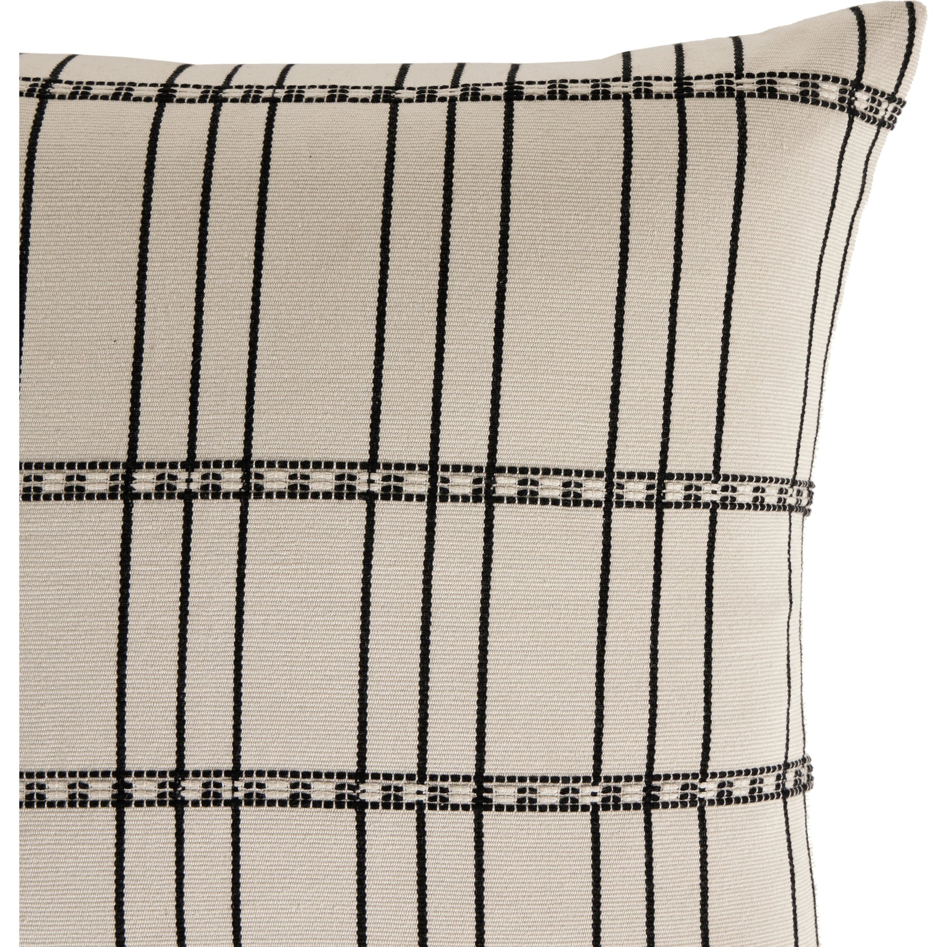 Handwoven Chiapas Pillow by Four Hands in ivory cotton, off white canvas, black cotton and ivory cotton. Made from 100% cotton in a transitional style.