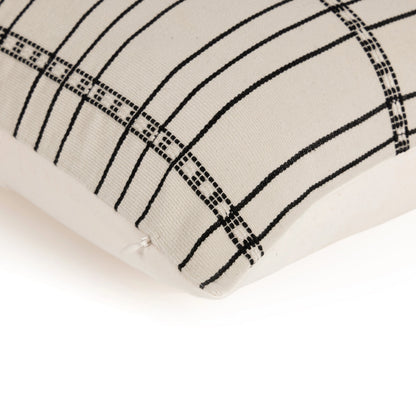Handwoven Chiapas Pillow by Four Hands in ivory cotton, off white canvas, black cotton and ivory cotton. Made from 100% cotton in a transitional style.