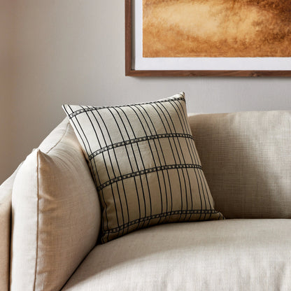 Handwoven Chiapas Pillow by Four Hands in ivory cotton, off white canvas, black cotton and ivory cotton. Made from 100% cotton in a transitional style.