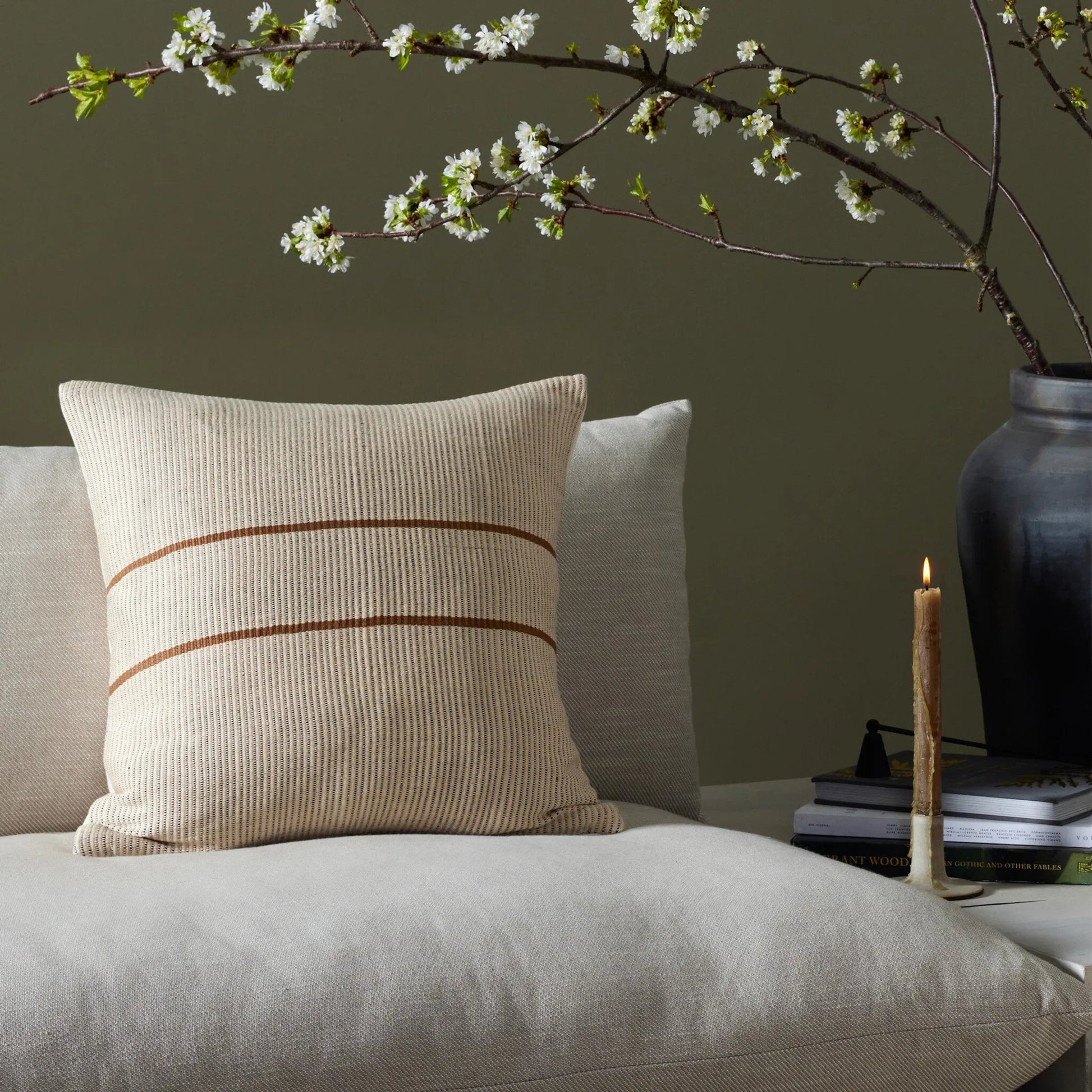 Handwoven Merido Pillow by Four Hands in beige cotton, off white canvas, black cotton. Made from 100% cotton in a unique style.