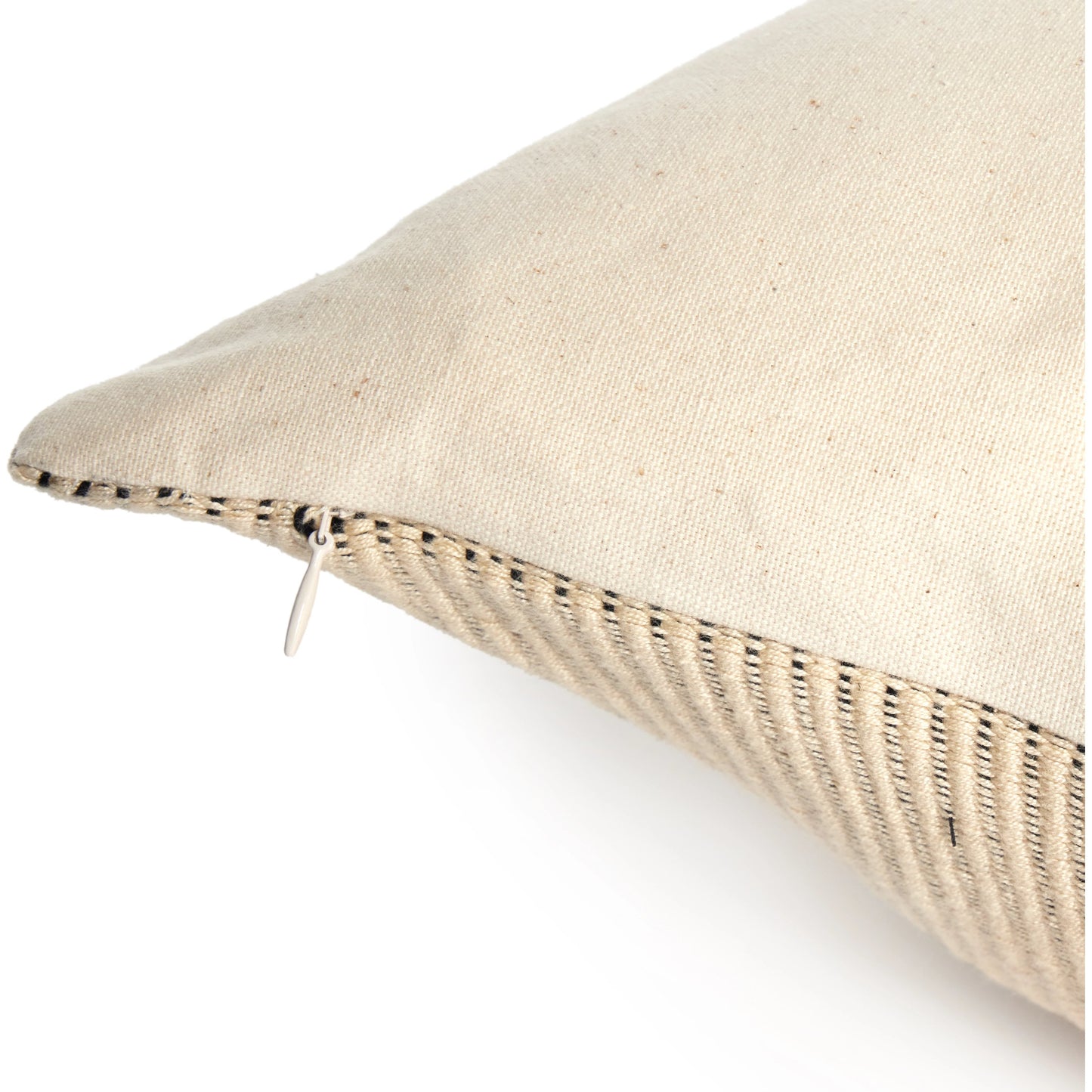 018 SI-2001435 | Closeup | Handwoven Beige Merido Pillow by Four Hands in off white canvas, black cotton, beige cotton. Made from 100% cotton in a transitional style.
