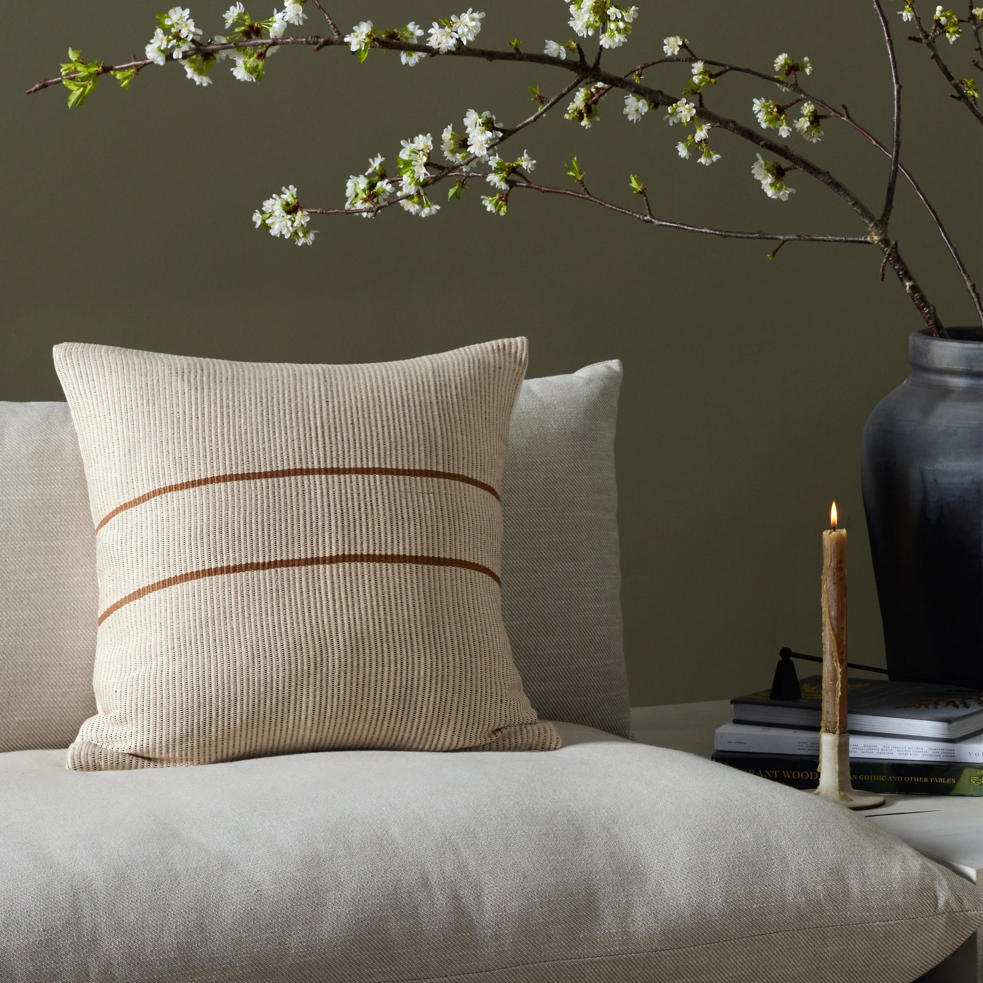 Handwoven Beige Merido Pillow by Four Hands in off white canvas, black cotton, beige cotton. Made from 100% cotton in a transitional style.