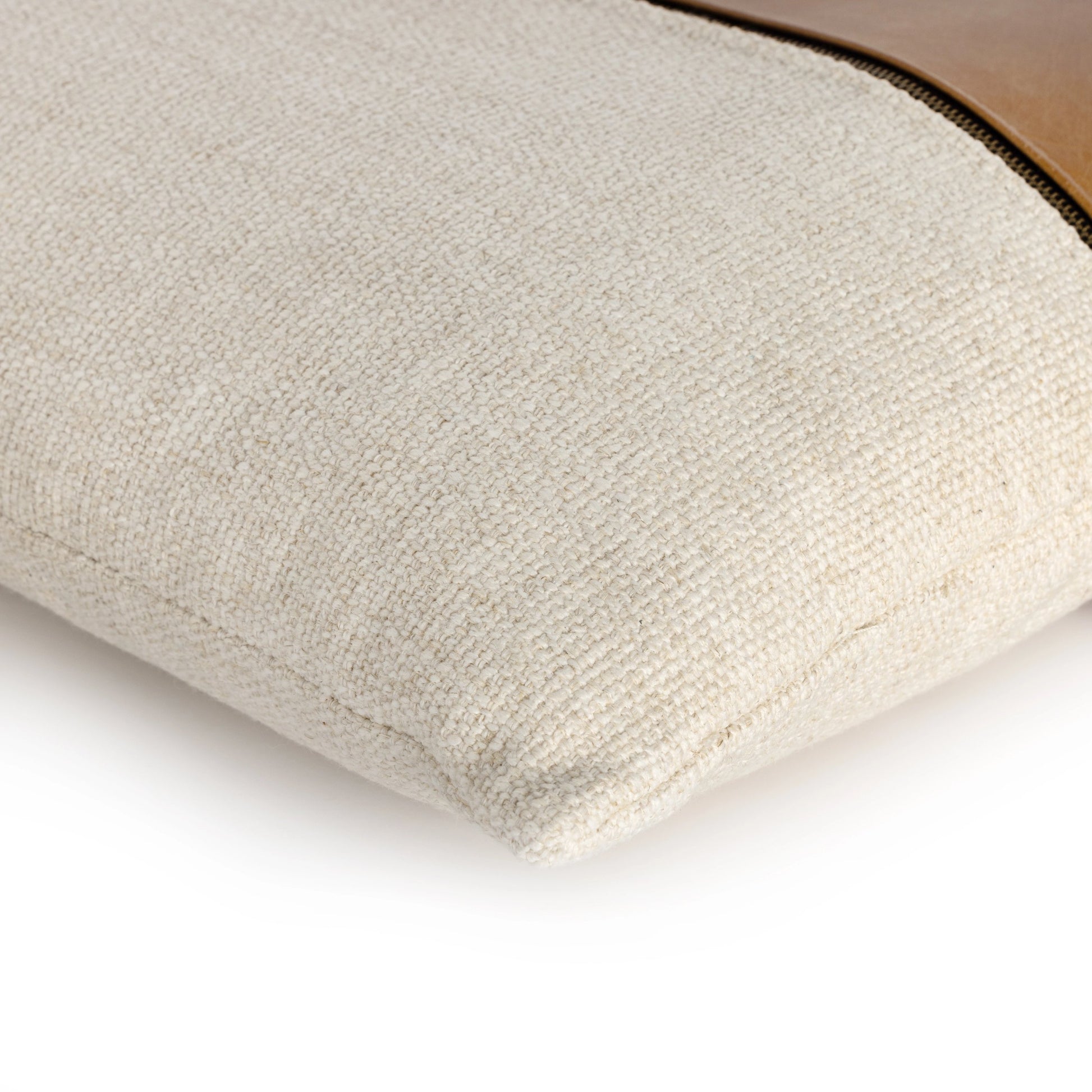 Leather and Linen Block Pillow by Four Hands in thames cream, sonoma butterscotch. Made from 66% polyester, 19% acrylic, 15% flax, linen, top grain leather, down alternative fiber in a transitional style.