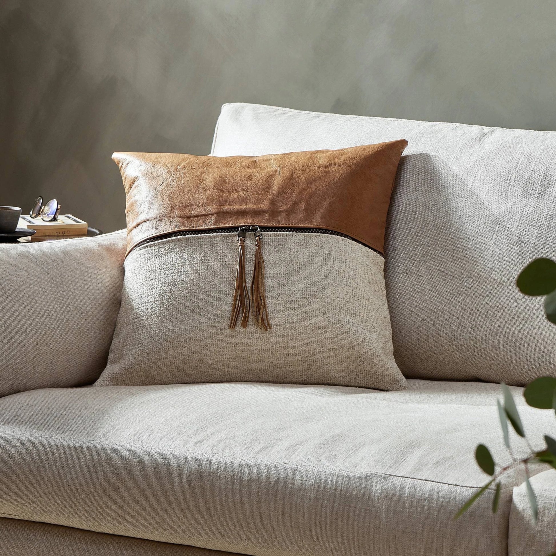 Leather and Linen Block Pillow by Four Hands in thames cream, sonoma butterscotch. Made from 66% polyester, 19% acrylic, 15% flax, linen, top grain leather, down alternative fiber in a transitional style.