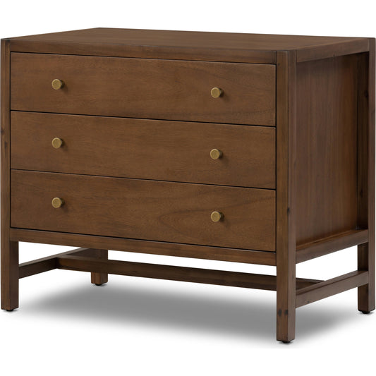 Sullivan Nightstand by Four Hands in saddle tan veneer, saddle tan, golden brass. Made from solid acacia, thin acacia veneer in a modern style.