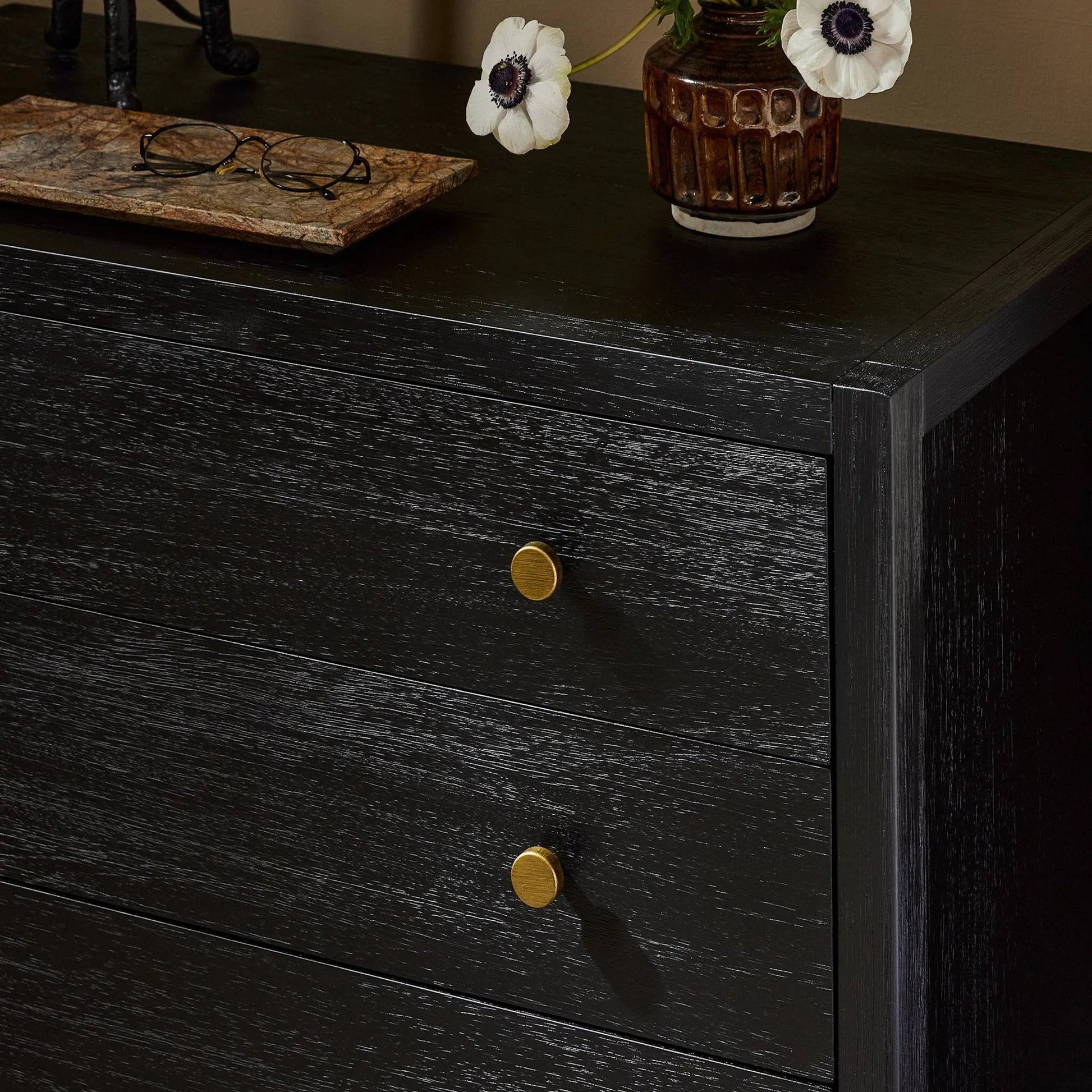 Sullivan Nightstand by Four Hands in saddle tan veneer, saddle tan, golden brass. Made from unique in a modern style.