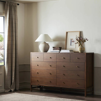 Sullivan 10 Drawer Dresser by Four Hands in saddle tan. Made from solid acacia, thin acacia veneer in a modern style.
