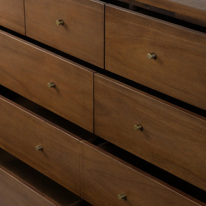 Sullivan 10 Drawer Dresser by Four Hands in saddle tan. Made from solid acacia, thin acacia veneer in a modern style.