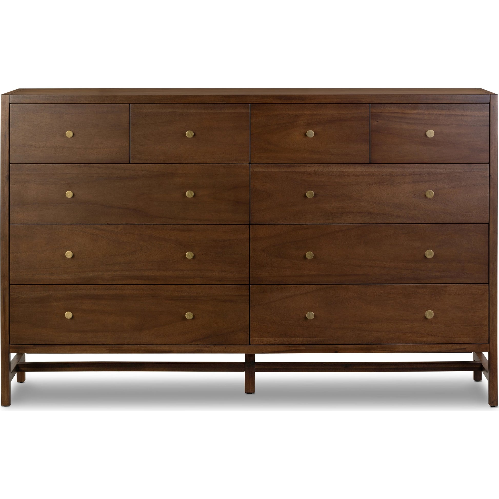Sullivan 10 Drawer Dresser by Four Hands in saddle tan. Made from solid acacia, thin acacia veneer in a modern style.