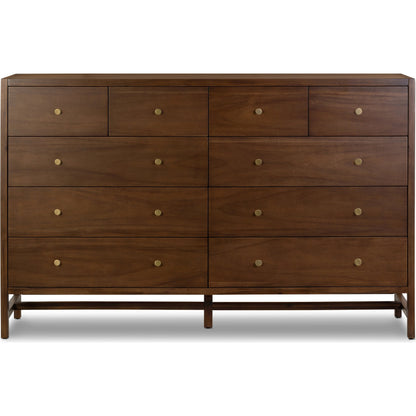 Sullivan 10 Drawer Dresser by Four Hands in saddle tan. Made from solid acacia, thin acacia veneer in a modern style.