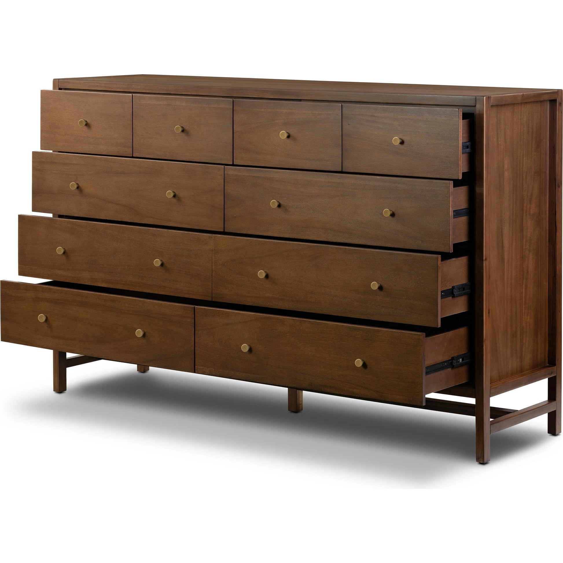 Sullivan 10 Drawer Dresser by Four Hands in saddle tan. Made from solid acacia, thin acacia veneer in a modern style.
