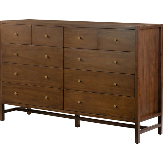 Sullivan 10 Drawer Dresser by Four Hands in saddle tan. Made from solid acacia, thin acacia veneer in a modern style.