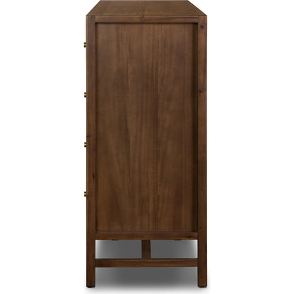 Sullivan 10 Drawer Dresser by Four Hands in saddle tan. Made from solid acacia, thin acacia veneer in a modern style.