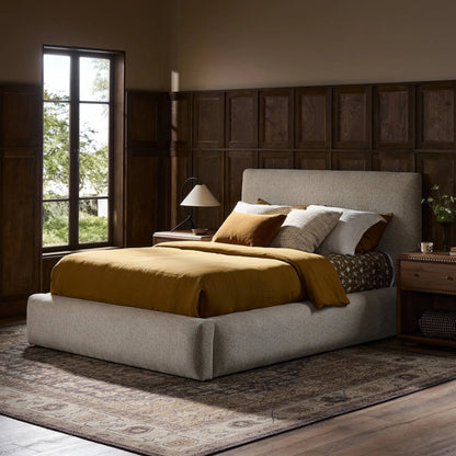 Quincy Bed by Four Hands in plushtone linen, black. Made from 100% polyester, solid parawood in a transitional style.