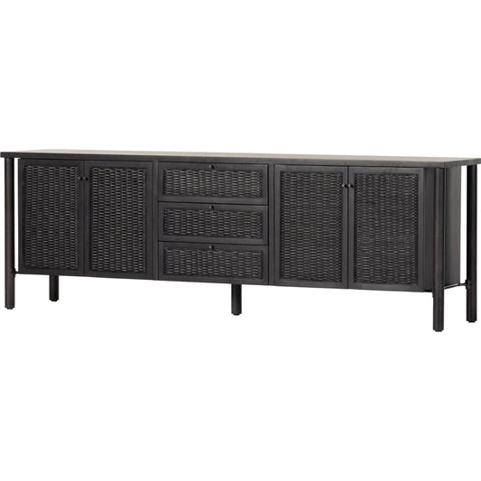 Veta Media Console by Four Hands in black cane. Made from solid mango, cane in a modern style.
