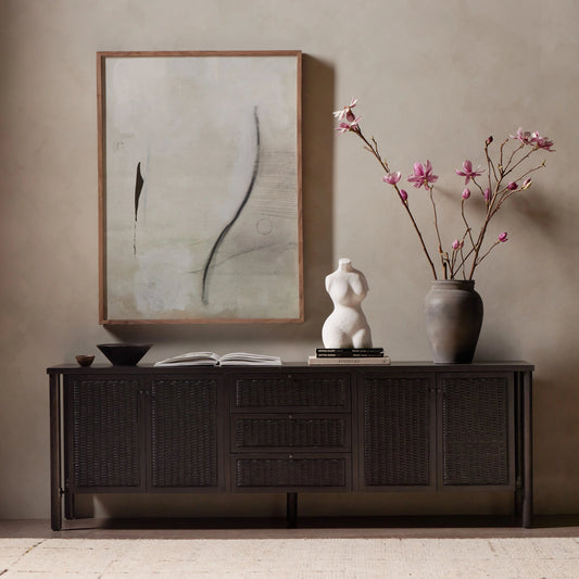 Veta Media Console by Four Hands in black cane. Made from solid mango, cane in a modern style.