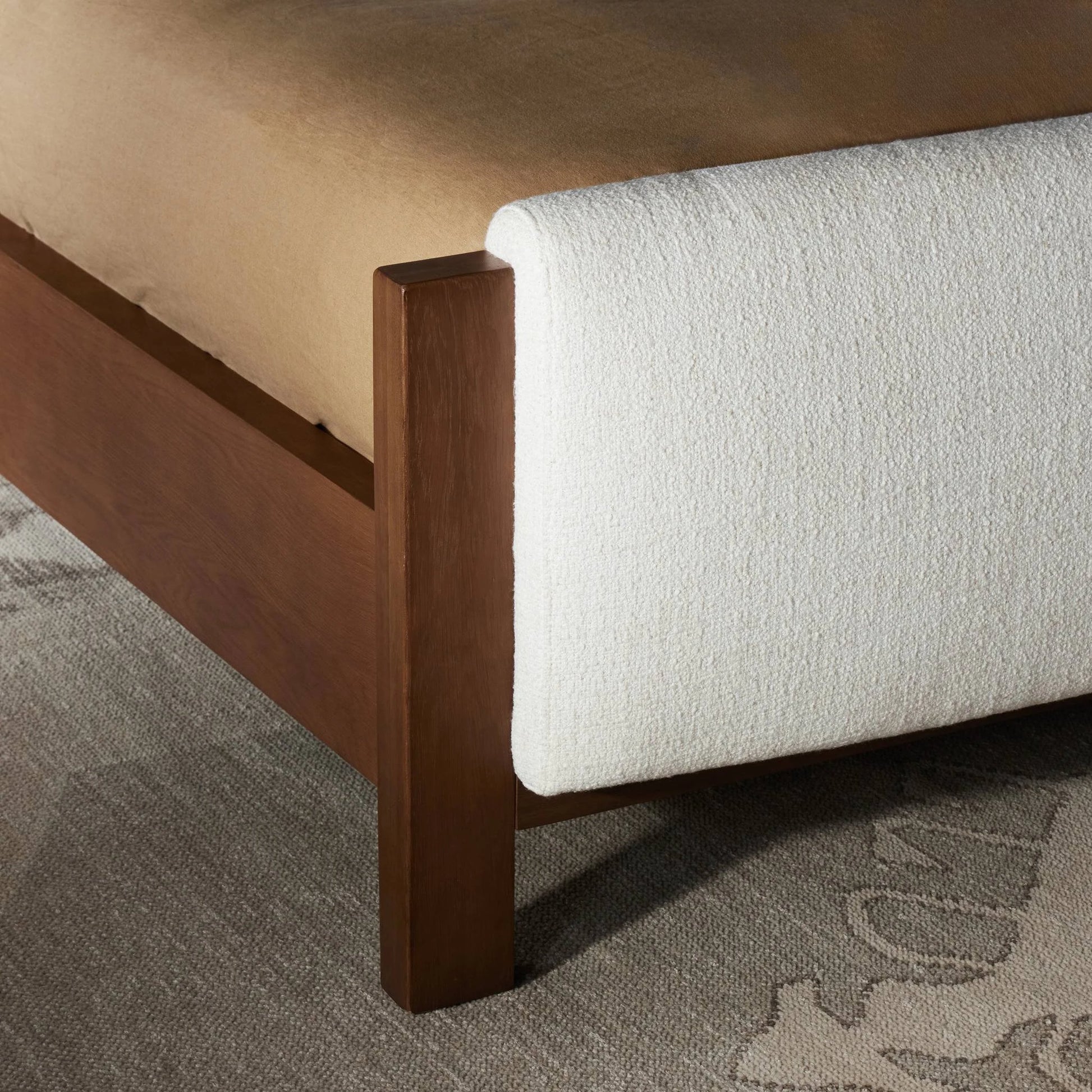 Willem Bed by Four Hands in omari natural, saddle tan oak, saddle tan oak veneer. Made from 79% polyester, 16% viscose (rayon), 5% flax/linen, solid oak, oak veneer in a modern style.