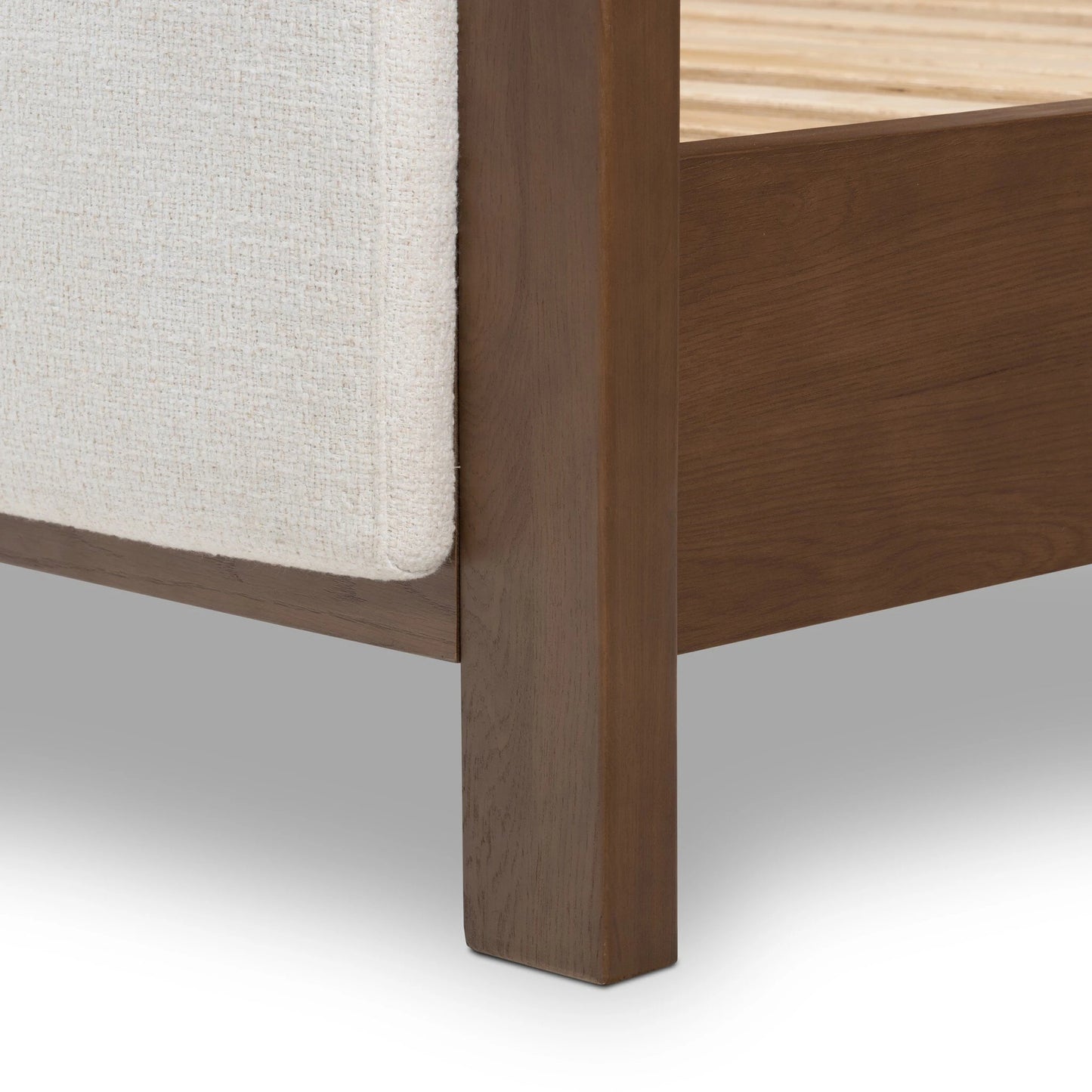 008 SI-2137721 | Closeup | Willem Bed by Four Hands in omari natural, saddle tan oak, saddle tan oak veneer. Made from 79% polyester, 16% viscose (rayon), 5% flax/linen, solid oak, oak veneer in a modern style.