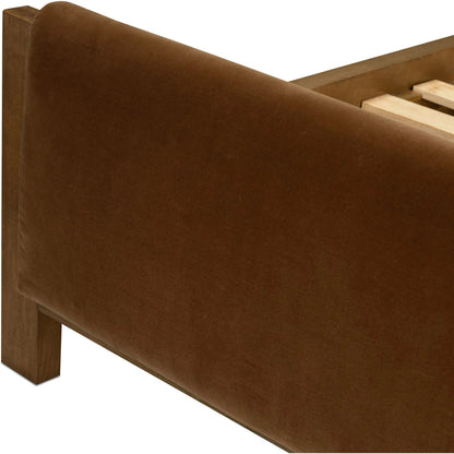 Willem Bed by Four Hands in omari natural, saddle tan oak, saddle tan oak veneer. Made from 79% polyester, 16% viscose (rayon), 5% flax/linen, solid oak, oak veneer in a modern style.