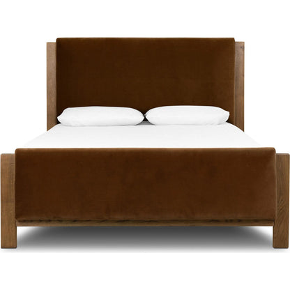 Willem Bed by Four Hands in omari natural, saddle tan oak, saddle tan oak veneer. Made from 79% polyester, 16% viscose (rayon), 5% flax/linen, solid oak, oak veneer in a modern style.