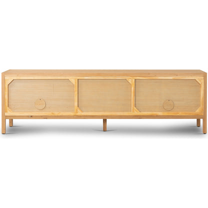 Laker Media Console by Four Hands in black oak. Made from solid oak, rush, oak veneer in a modern style.