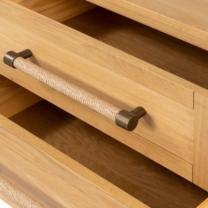 Laker Media Console by Four Hands in black oak. Made from solid oak, rush, oak veneer in a modern style.
