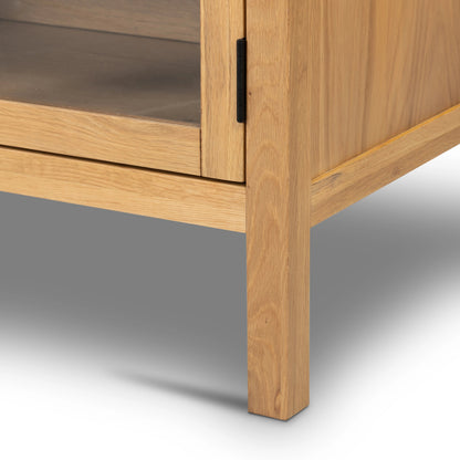 Laker Media Console by Four Hands in black oak. Made from solid oak, rush, oak veneer in a modern style.
