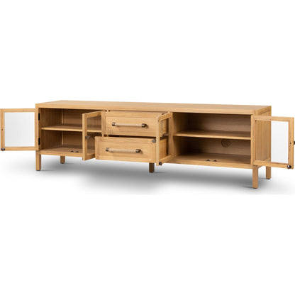 Laker Media Console by Four Hands in black oak. Made from solid oak, rush, oak veneer in a modern style.