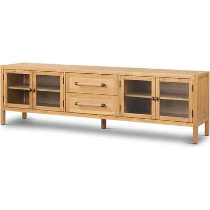 Laker Media Console by Four Hands in black oak. Made from solid oak, rush, oak veneer in a modern style.