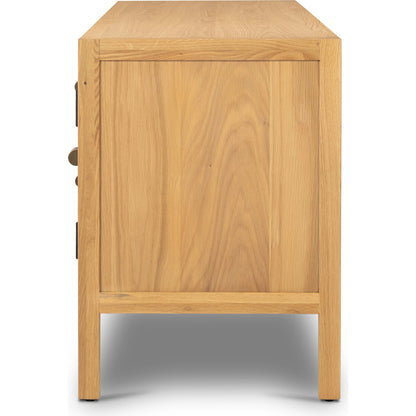 Laker Media Console by Four Hands in black oak. Made from solid oak, rush, oak veneer in a modern style.