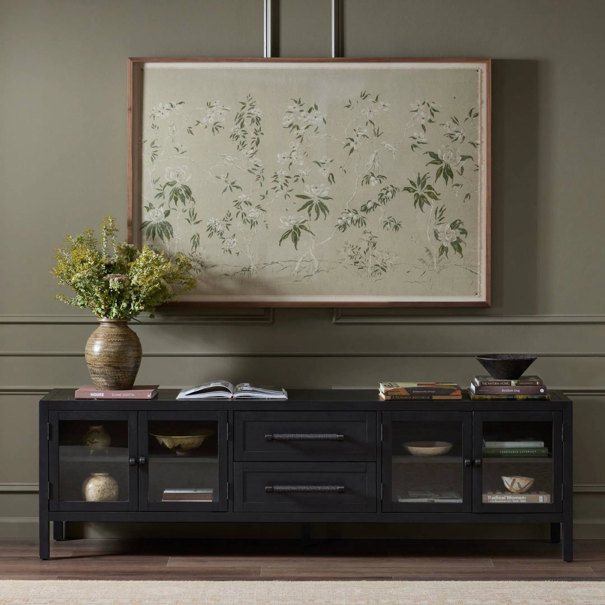 Laker Media Console by Four Hands in black oak. Made from solid oak, rush, oak veneer in a modern style.