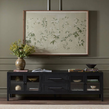 Laker Media Console by Four Hands in black oak. Made from solid oak, rush, oak veneer in a modern style.