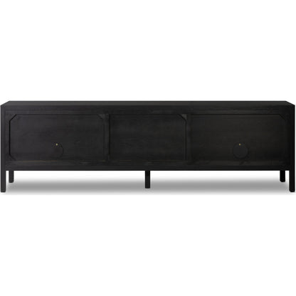 Laker Media Console by Four Hands in black oak. Made from solid oak, rush, oak veneer in a modern style.