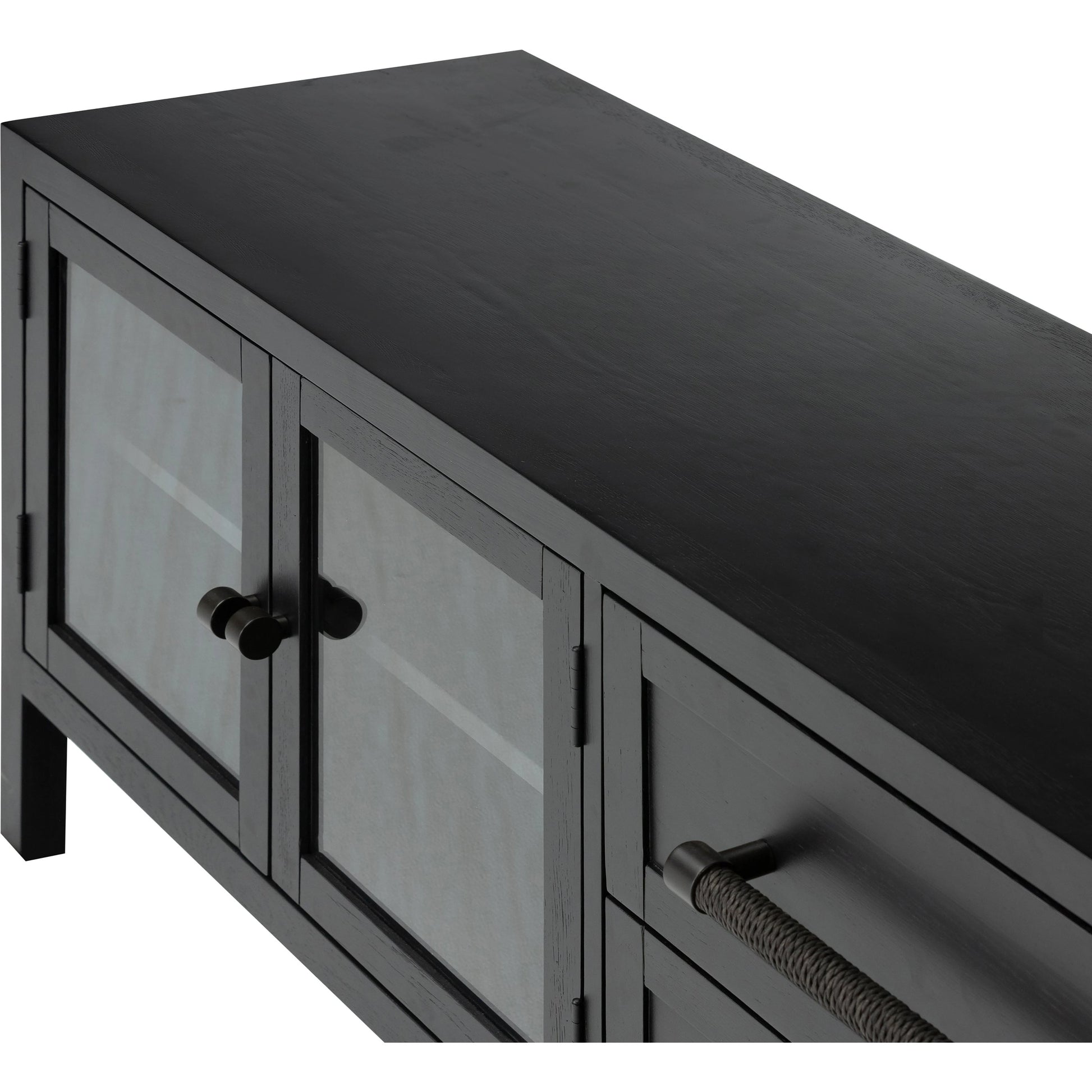 Laker Media Console by Four Hands in black oak. Made from solid oak, rush, oak veneer in a modern style.