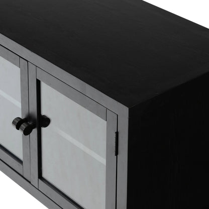 Laker Media Console by Four Hands in black oak. Made from solid oak, rush, oak veneer in a modern style.