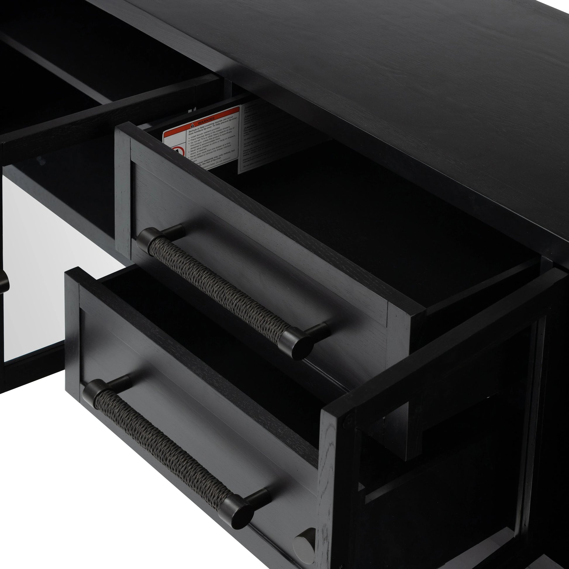 Laker Media Console by Four Hands in black oak. Made from solid oak, rush, oak veneer in a modern style.