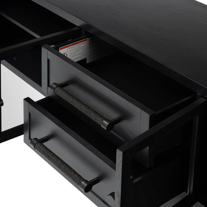 Laker Media Console by Four Hands in black oak. Made from solid oak, rush, oak veneer in a modern style.