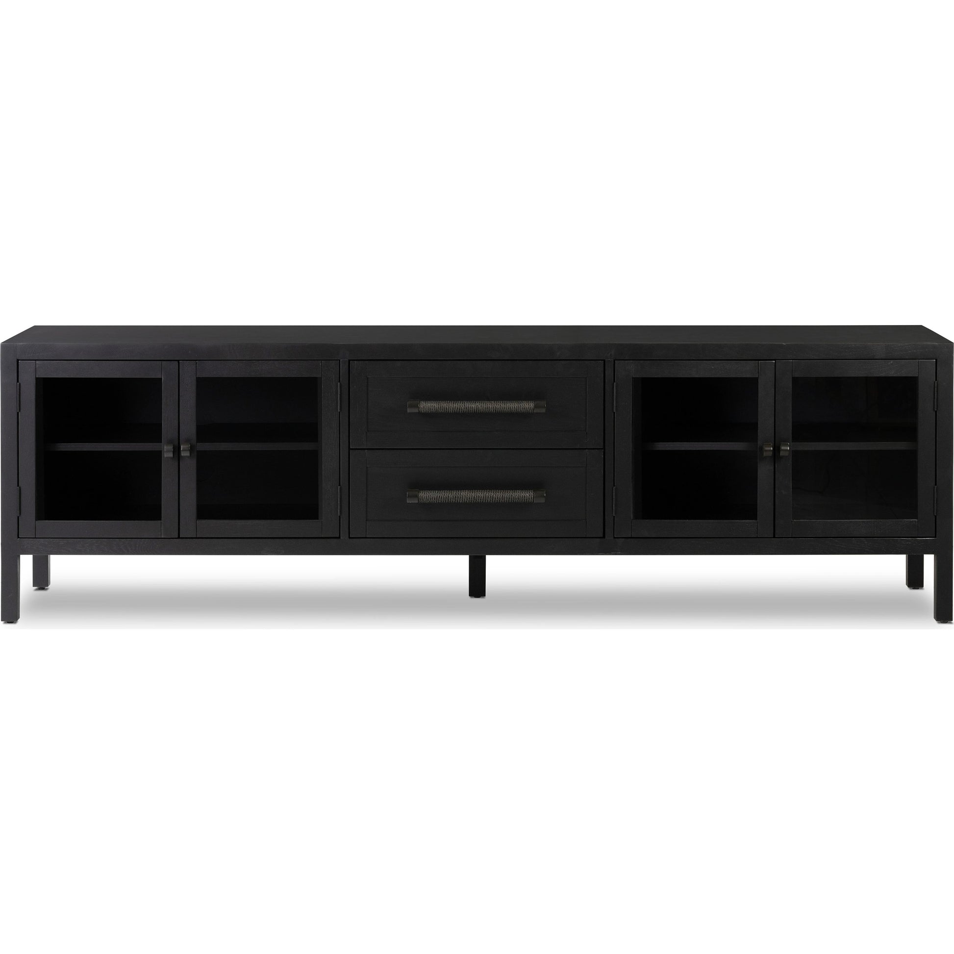 Laker Media Console by Four Hands in black oak. Made from solid oak, rush, oak veneer in a modern style.
