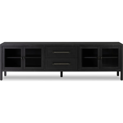 Laker Media Console by Four Hands in black oak. Made from solid oak, rush, oak veneer in a modern style.