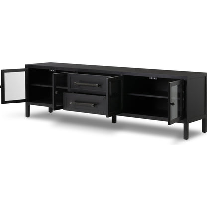 Laker Media Console by Four Hands in black oak. Made from solid oak, rush, oak veneer in a modern style.