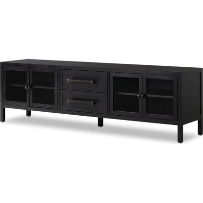 Laker Media Console by Four Hands in black oak. Made from solid oak, rush, oak veneer in a modern style.