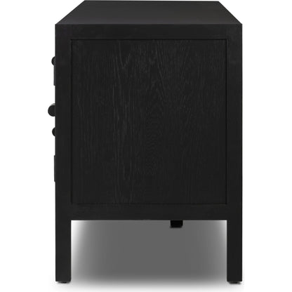 Laker Media Console by Four Hands in black oak. Made from solid oak, rush, oak veneer in a modern style.