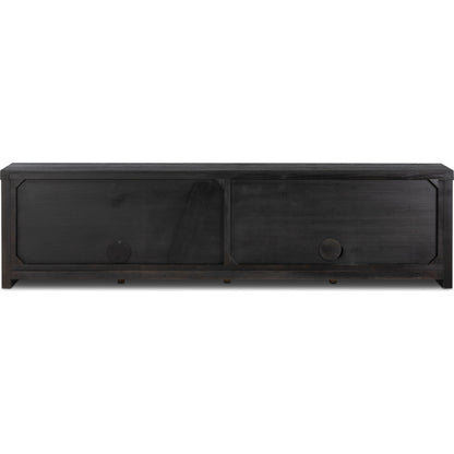 Laredo Media Console by Four Hands in smoked black. Made from solid oak, thick oak veneer in a modern style.
