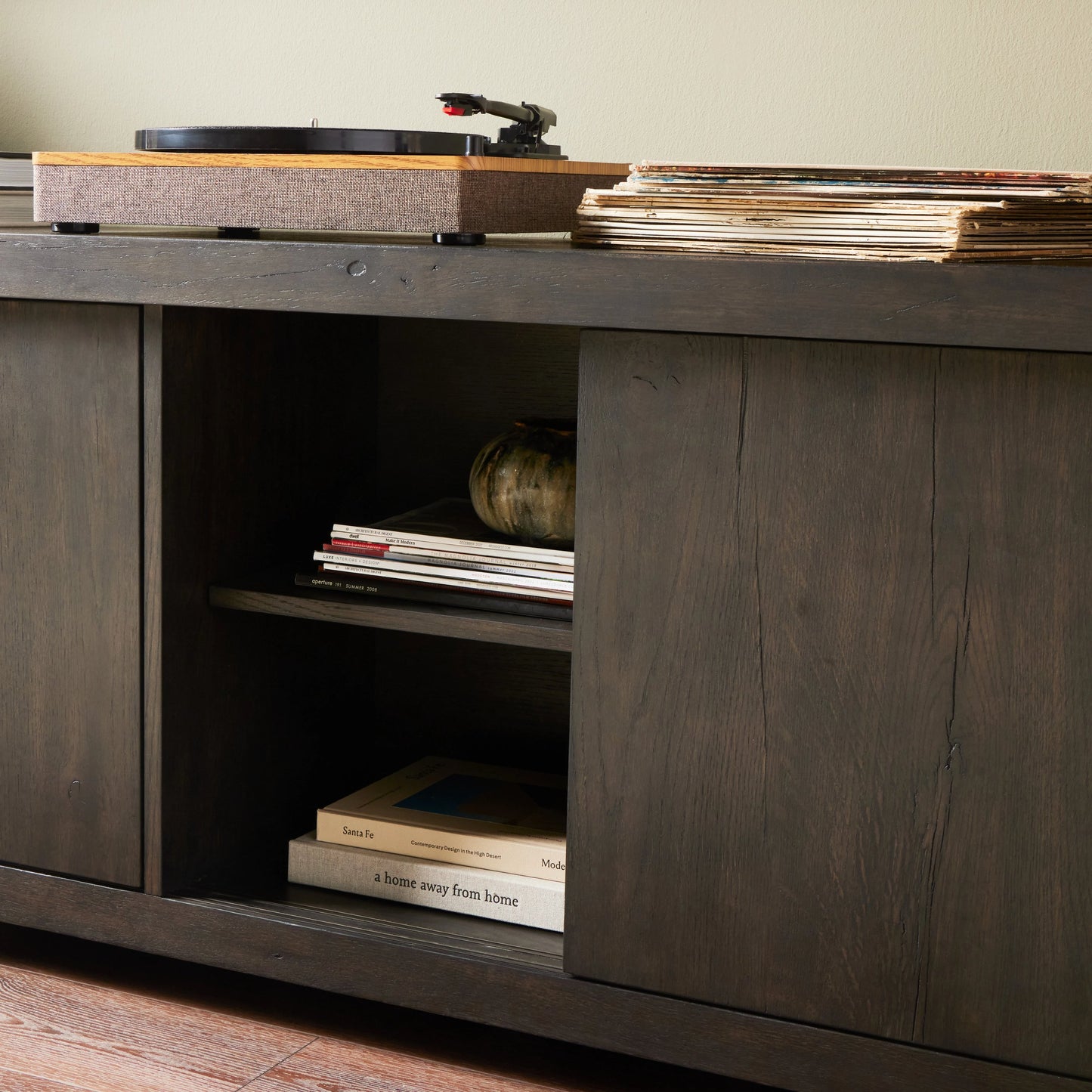 015 SI-2074416 | Lifestyle | Laredo Media Console by Four Hands in smoked black. Made from solid oak, thick oak veneer in a modern style.