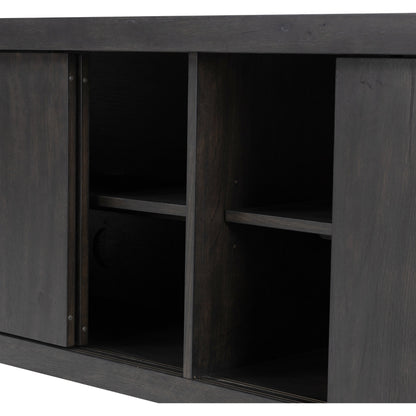 Laredo Media Console by Four Hands in smoked black. Made from solid oak, thick oak veneer in a modern style.