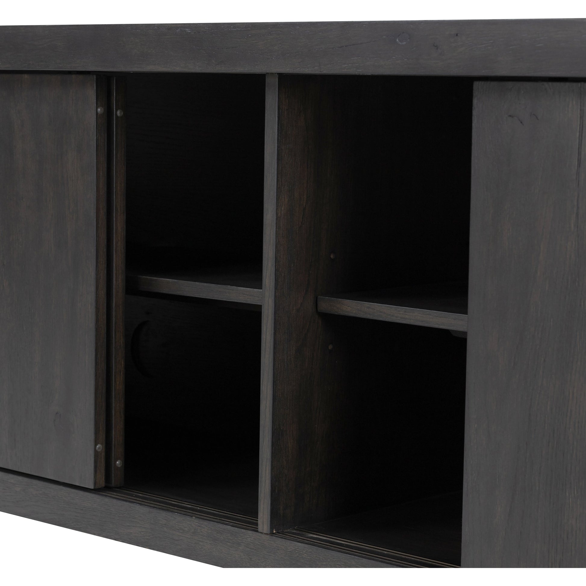 Laredo Media Console by Four Hands in smoked black. Made from solid oak, thick oak veneer in a modern style.