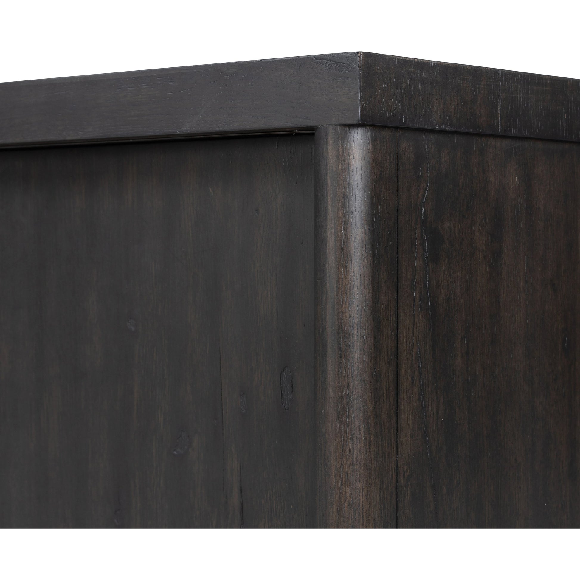 Laredo Media Console by Four Hands in smoked black. Made from solid oak, thick oak veneer in a modern style.