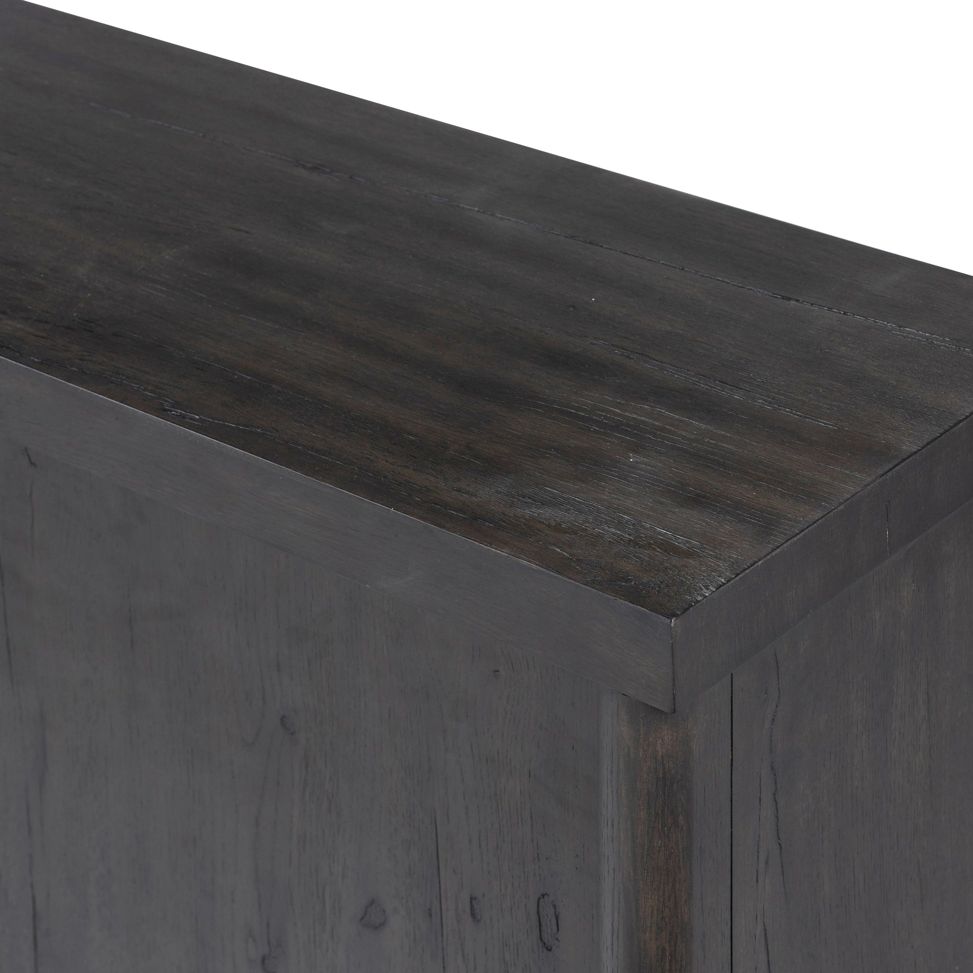 Laredo Media Console by Four Hands in smoked black. Made from solid oak, thick oak veneer in a modern style.